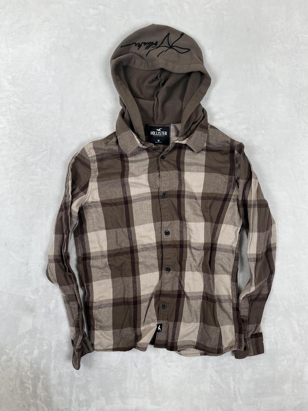 Hollister Shirt Mens Medium Brown Plaid Hooded Long Sleeve Button Front Casual